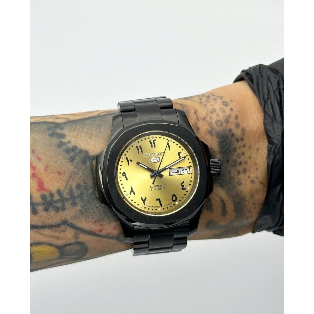 Custom Seiko Mod • Gold Arabic Day-Date Black Nautilus • 40mm